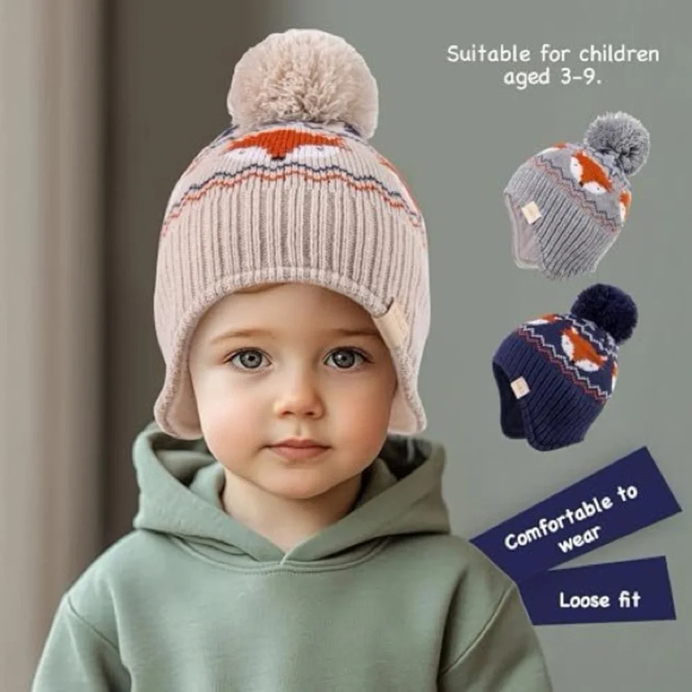 BRAND NEW 1T-2T Kids Fox Pom-Pom Beanie Set - Navy, Gray, Cream